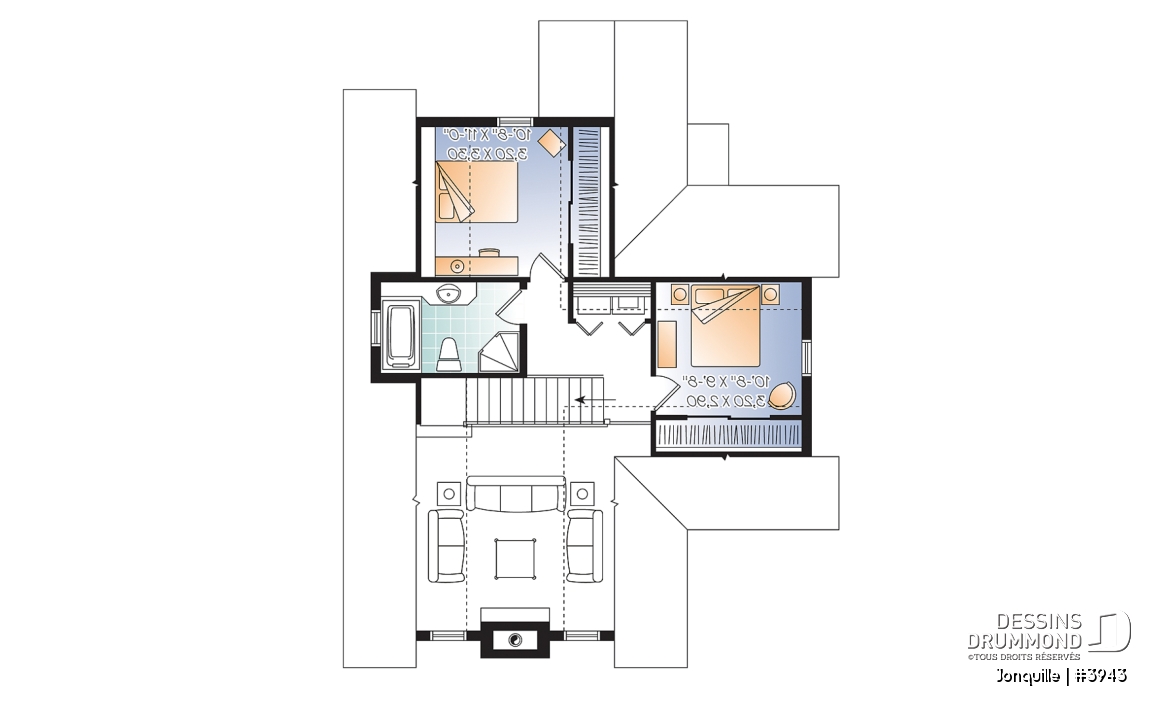 Étage - Plan de chalet, 3 chambres, mezzanine, grand salon avec foyer, grande terrasse - Jonquille