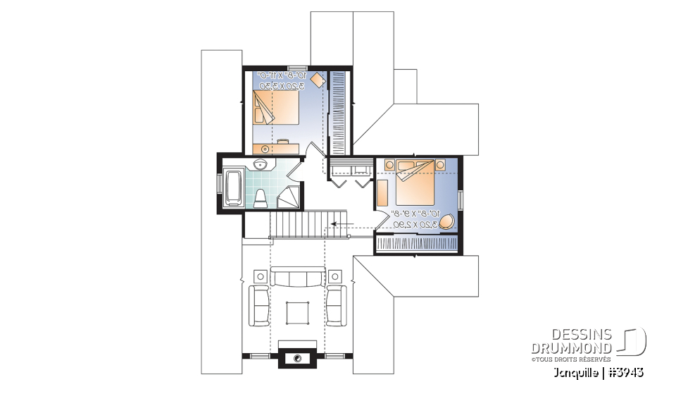 Étage - Plan de chalet, 3 chambres, mezzanine, grand salon avec foyer, grande terrasse - Jonquille