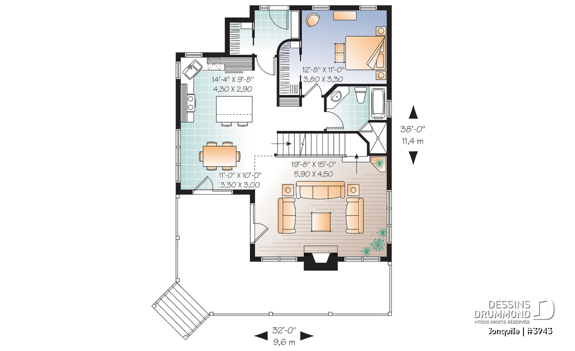 Rez-de-chaussée - Plan de chalet, 3 chambres, mezzanine, grand salon avec foyer, grande terrasse - Jonquille