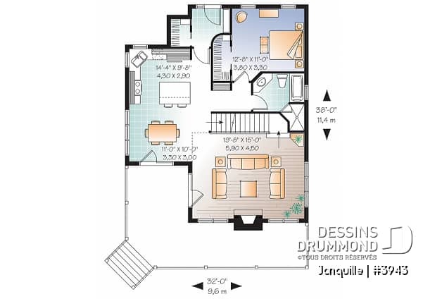Rez-de-chaussée - Plan de chalet, 3 chambres, mezzanine, grand salon avec foyer, grande terrasse - Jonquille