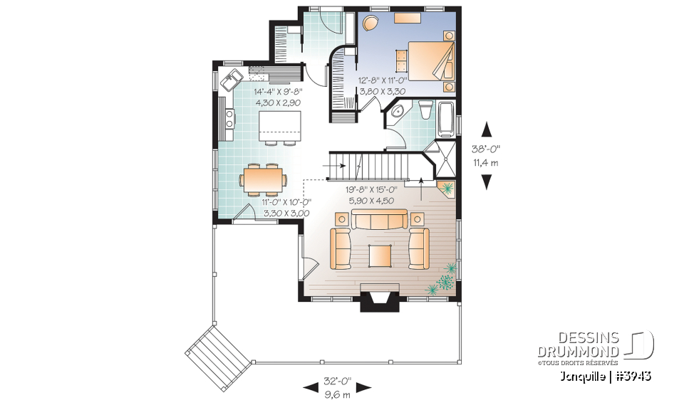 Rez-de-chaussée - Plan de chalet, 3 chambres, mezzanine, grand salon avec foyer, grande terrasse - Jonquille