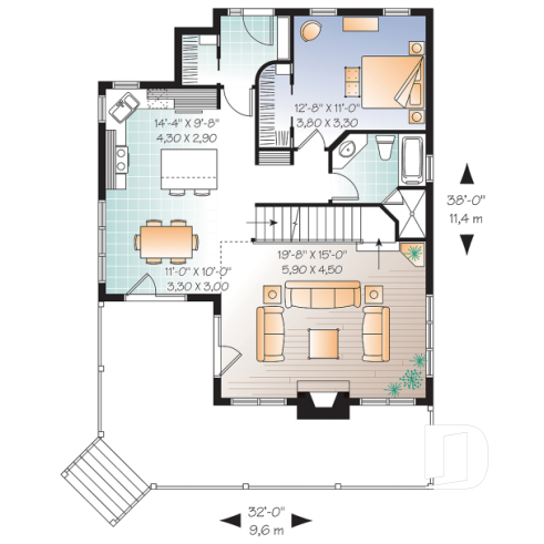 Rez-de-chaussée - Plan de chalet, 3 chambres, mezzanine, grand salon avec foyer, grande terrasse - Jonquille