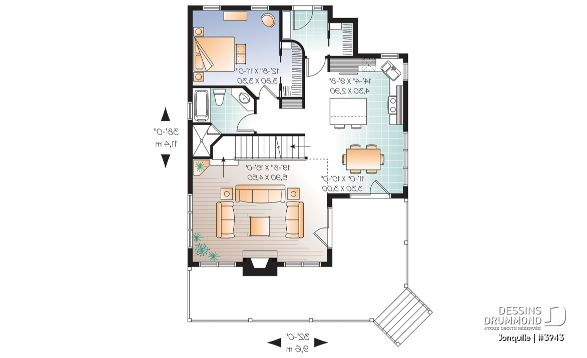 Rez-de-chaussée - Plan de chalet, 3 chambres, mezzanine, grand salon avec foyer, grande terrasse - Jonquille