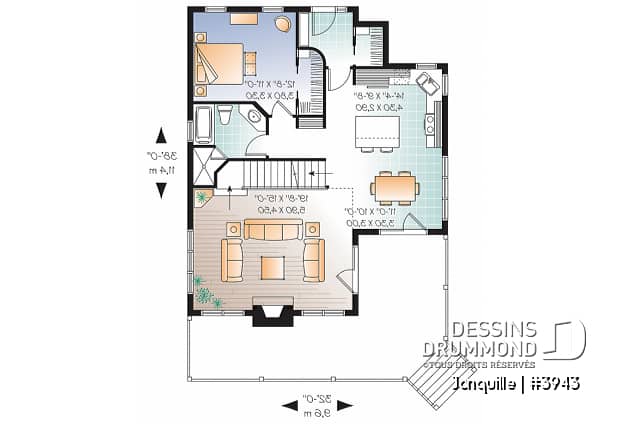 Rez-de-chaussée - Plan de chalet, 3 chambres, mezzanine, grand salon avec foyer, grande terrasse - Jonquille