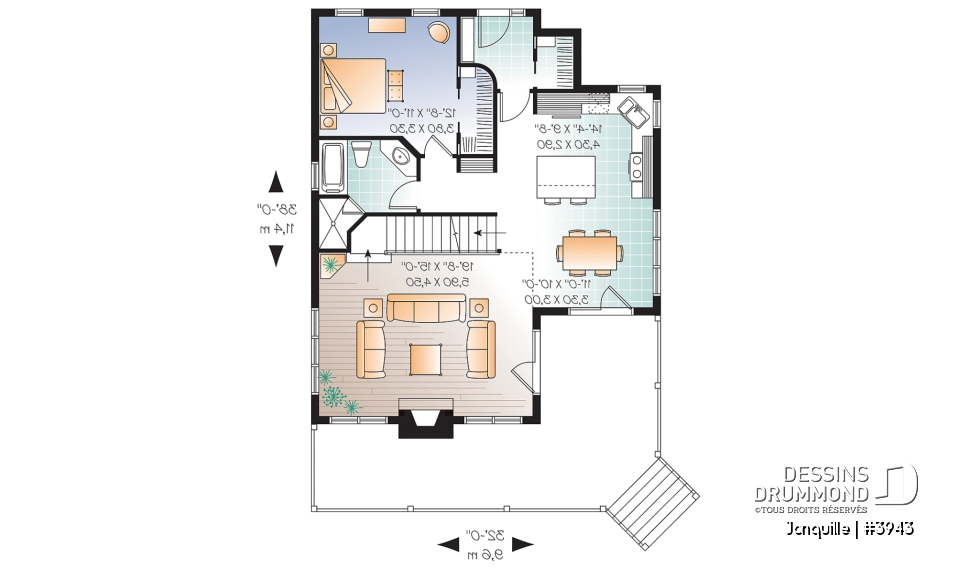 Rez-de-chaussée - Plan de chalet, 3 chambres, mezzanine, grand salon avec foyer, grande terrasse - Jonquille