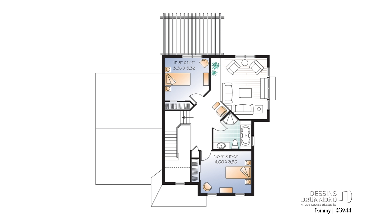 Étage - Plan de maison offrant vue arrière panoramique, inspiration transitionnel, 3 chambres, mezzanine, garage - Tommy