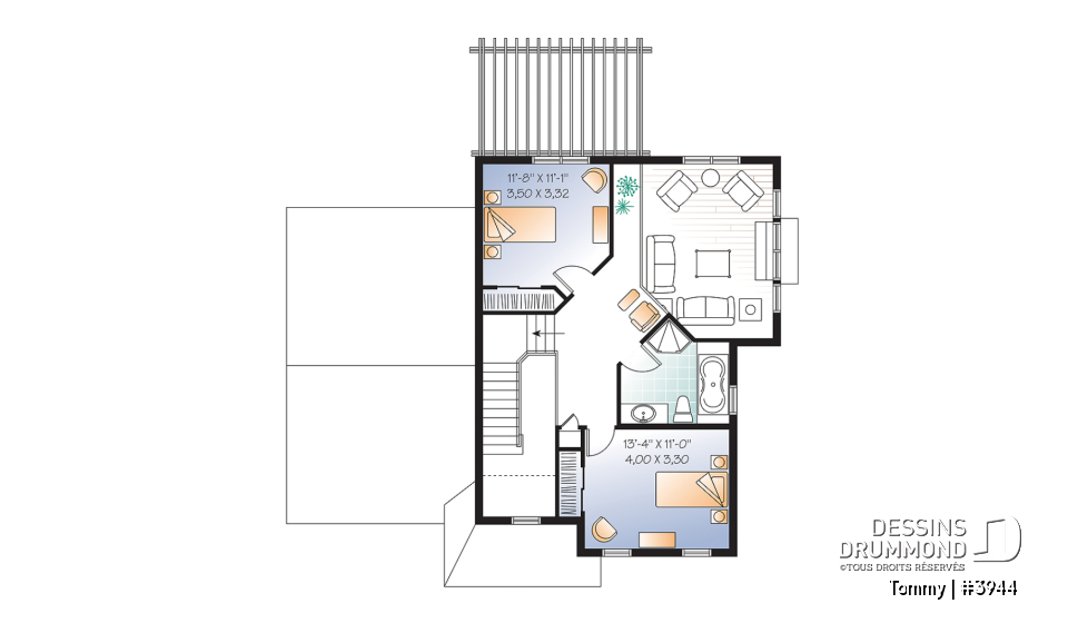 Étage - Plan de maison offrant vue arrière panoramique, inspiration transitionnel, 3 chambres, mezzanine, garage - Tommy