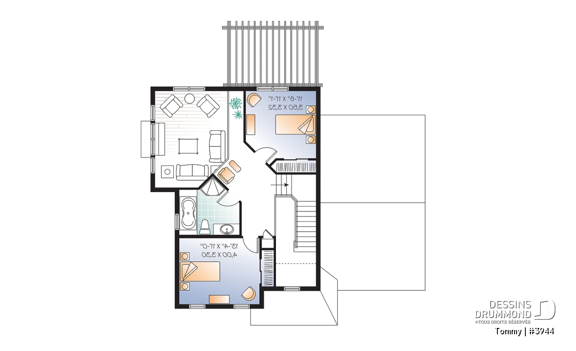 Étage - Plan de maison offrant vue arrière panoramique, inspiration transitionnel, 3 chambres, mezzanine, garage - Tommy