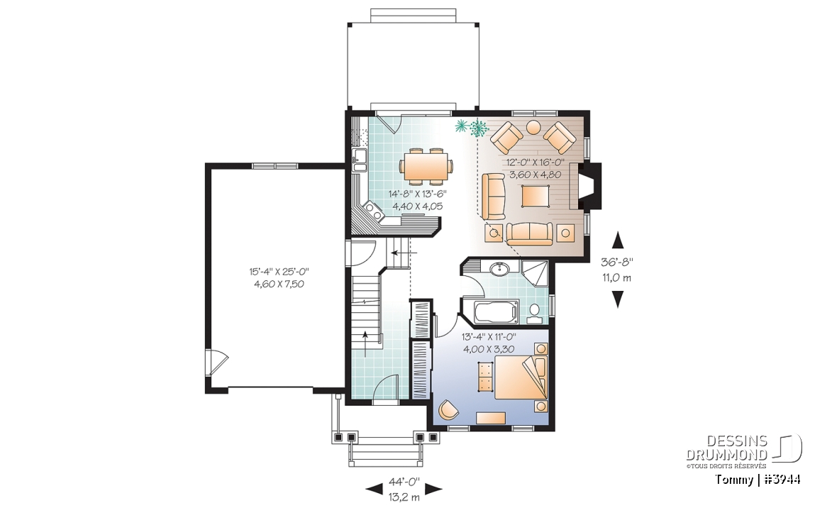 Rez-de-chaussée - Plan de maison offrant vue arrière panoramique, inspiration transitionnel, 3 chambres, mezzanine, garage - Tommy