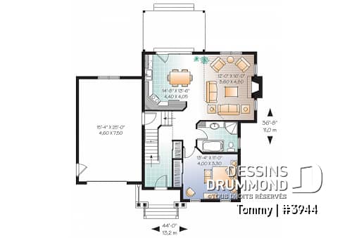 Rez-de-chaussée - Plan de maison offrant vue arrière panoramique, inspiration transitionnel, 3 chambres, mezzanine, garage - Tommy