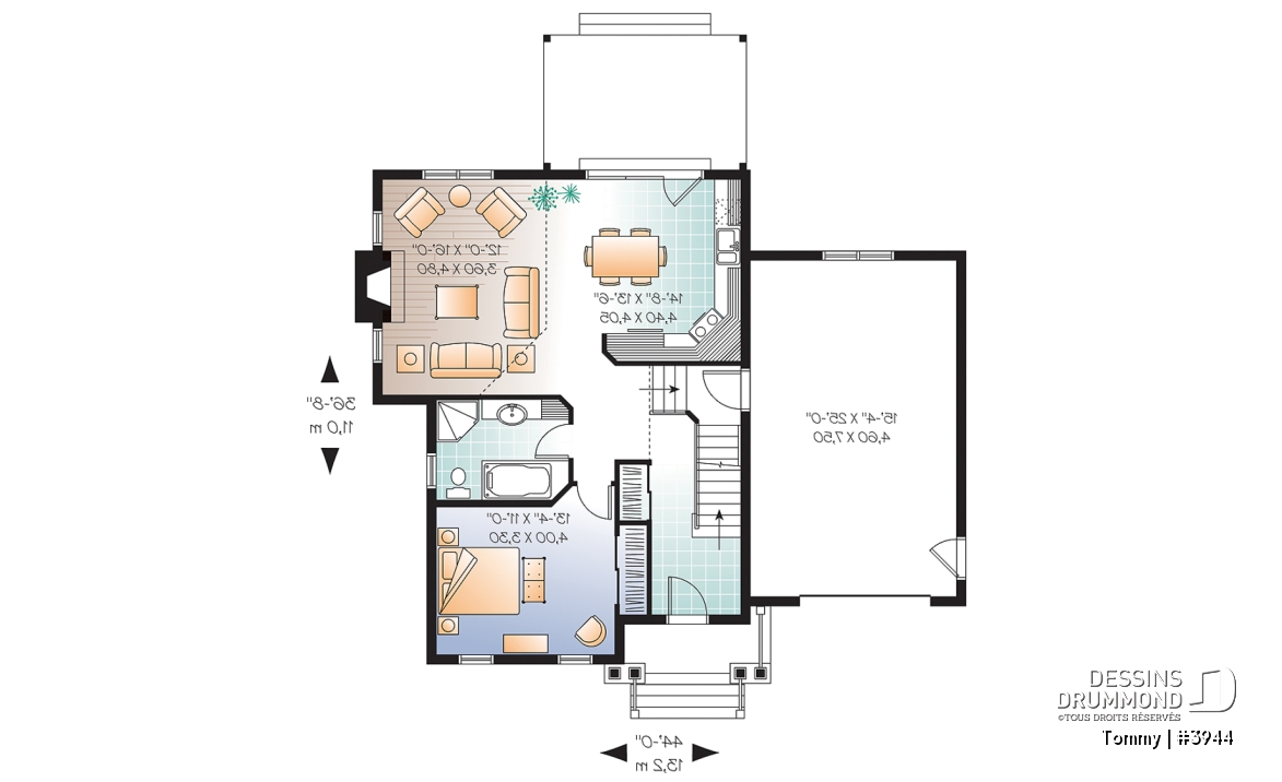 Rez-de-chaussée - Plan de maison offrant vue arrière panoramique, inspiration transitionnel, 3 chambres, mezzanine, garage - Tommy