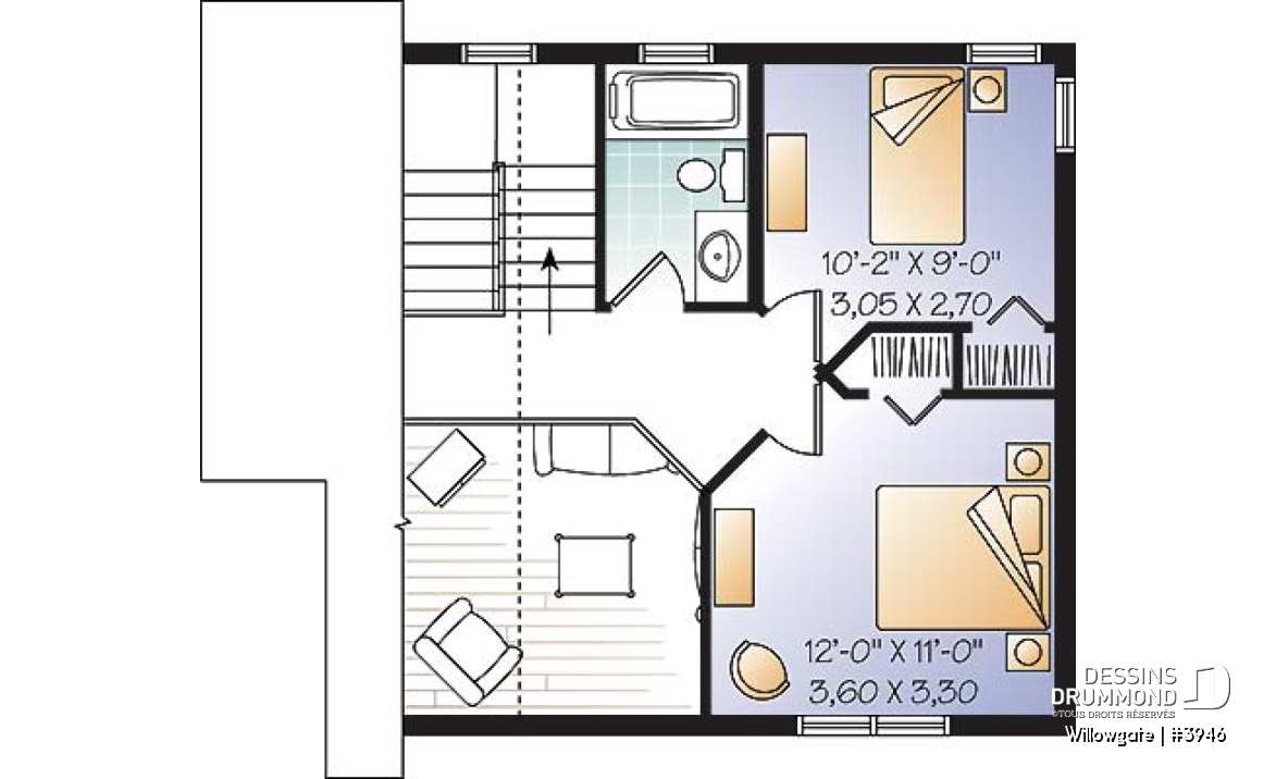Étage - Plan de petit chalet moderne abordable, 2 chambres, cathédrale avec mezzanine, 1.5 salles bain, belle lumière - Willowgate