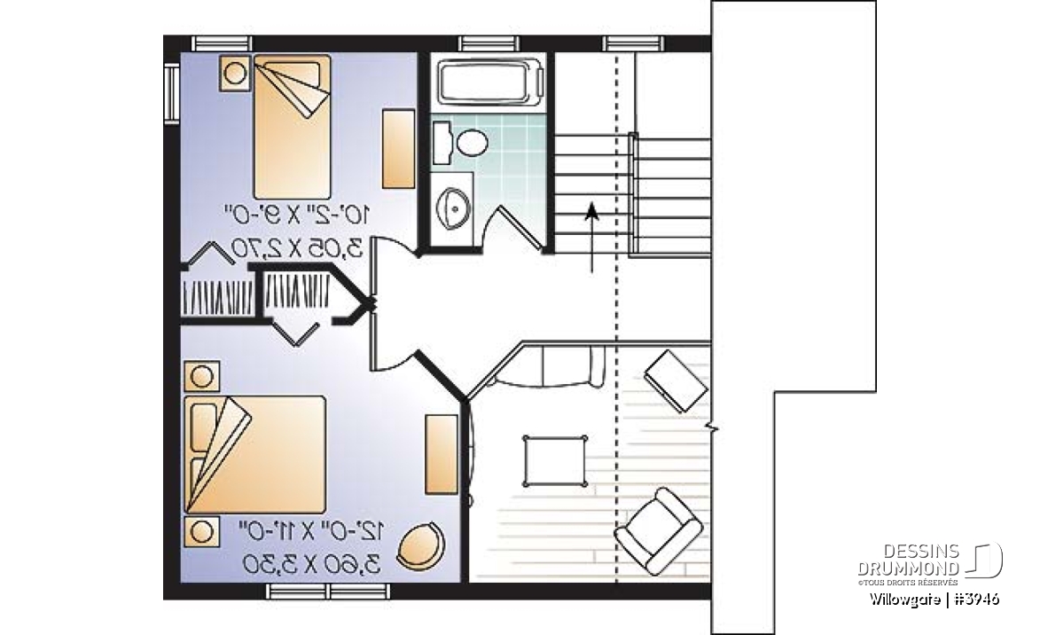 Étage - Plan de petit chalet moderne abordable, 2 chambres, cathédrale avec mezzanine, 1.5 salles bain, belle lumière - Willowgate