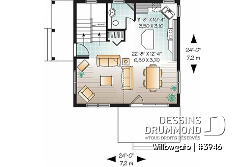 Rez-de-chaussée - Plan de chalet abordable, 2 chambres, plafond cathédral avec mezzanine, 2 salles de bain, belle lumière - Willowgate