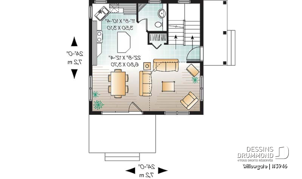 Rez-de-chaussée - Plan de petit chalet moderne abordable, 2 chambres, cathédrale avec mezzanine, 1.5 salles bain, belle lumière - Willowgate