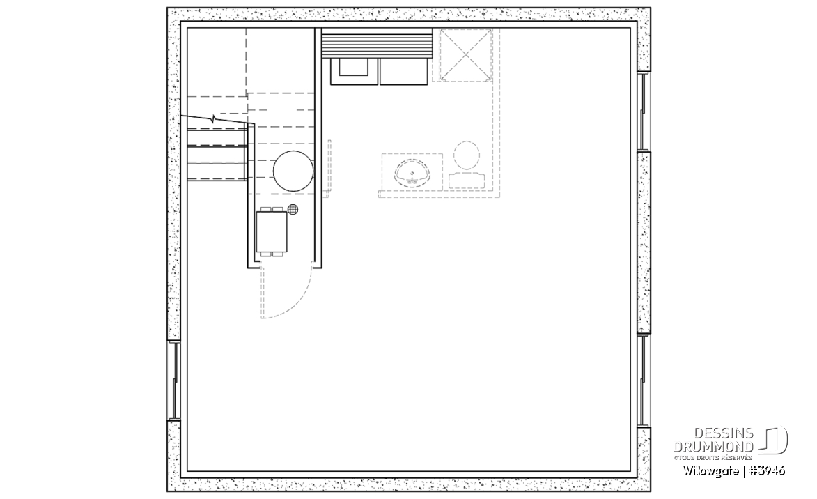 Sous-sol - Plan de petit chalet moderne abordable, 2 chambres, cathédrale avec mezzanine, 1.5 salles bain, belle lumière - Willowgate