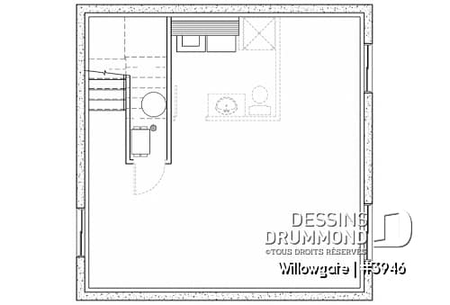 Sous-sol - Plan de chalet abordable, 2 chambres, plafond cathédral avec mezzanine, 2 salles de bain, belle lumière - Willowgate