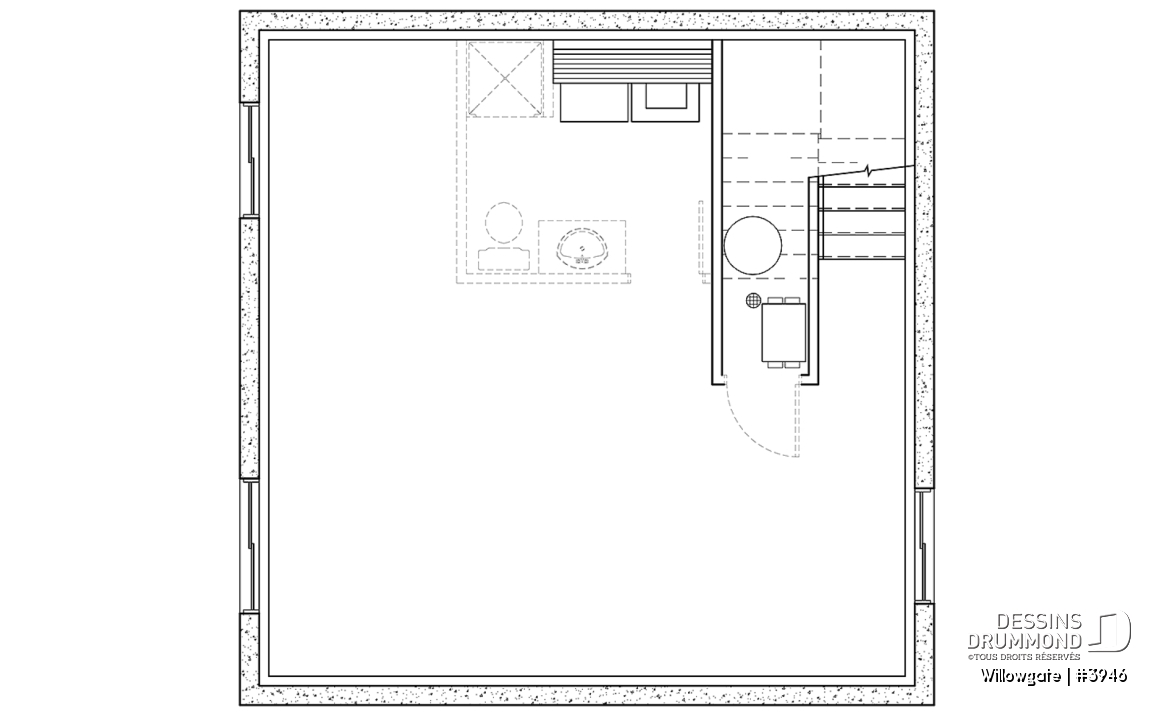 Sous-sol - Plan de petit chalet moderne abordable, 2 chambres, cathédrale avec mezzanine, 1.5 salles bain, belle lumière - Willowgate