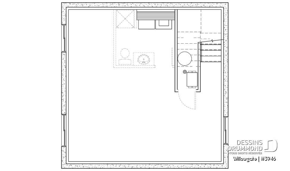 Sous-sol - Plan de petit chalet moderne abordable, 2 chambres, cathédrale avec mezzanine, 1.5 salles bain, belle lumière - Willowgate