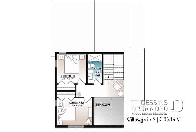 Étage - Plan de maison genre chalet, 3 chambres, mezzanine, belle lumière, cuisine avec îlot & garde-manger, buanderie - Willowgate 2