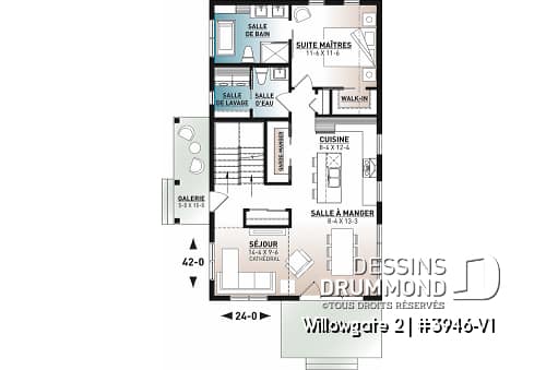 Rez-de-chaussée - Plan de maison genre chalet, 3 chambres, mezzanine, belle lumière, cuisine avec îlot & garde-manger, buanderie - Willowgate 2