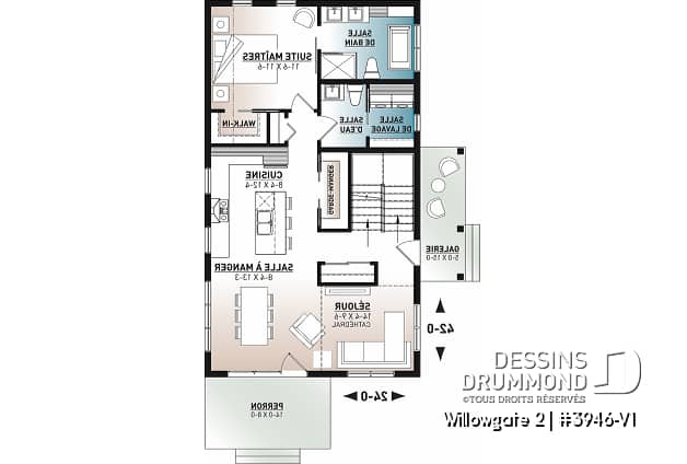 Rez-de-chaussée - Plan de maison genre chalet, 3 chambres, mezzanine, belle lumière, cuisine avec îlot & garde-manger, buanderie - Willowgate 2