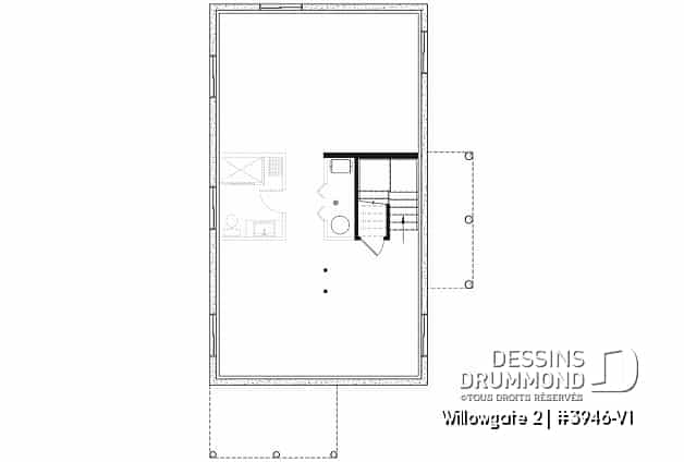 Sous-sol - Plan de maison genre chalet, 3 chambres, mezzanine, belle lumière, cuisine avec îlot & garde-manger, buanderie - Willowgate 2