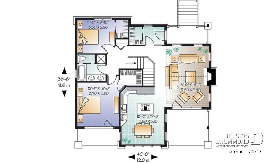 Rez-de-chaussée - Plan de chalet de style nordique avec garag, 2-4 chambres, sous-sol rez-de-jardin aménagé et deux balcons - Gordon