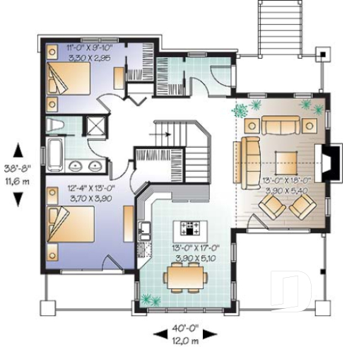 Rez-de-chaussée - Plan de chalet de style nordique avec garag, 2-4 chambres, sous-sol rez-de-jardin aménagé et deux balcons - Gordon