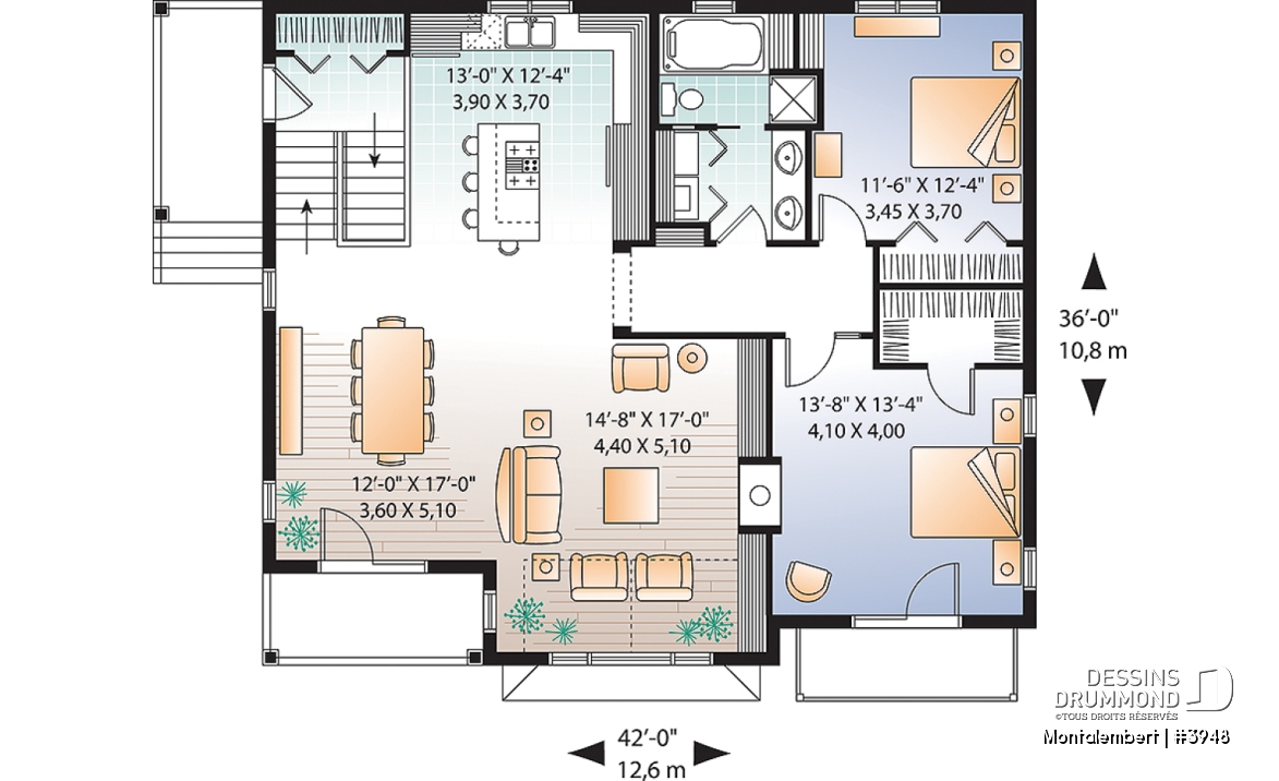 Rez-de-chaussée - Plan de chalet panoramique avec plancher inversé, garage double, 4 chambres, salle de jeux, foyer - Montalembert