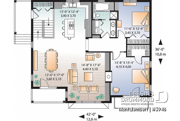 Rez-de-chaussée - Plan de chalet panoramique avec plancher inversé, garage double, 4 chambres, salle de jeux, foyer - Montalembert