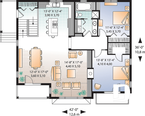 Rez-de-chaussée - Plan de chalet panoramique avec plancher inversé, garage double, 4 chambres, salle de jeux, foyer - Montalembert