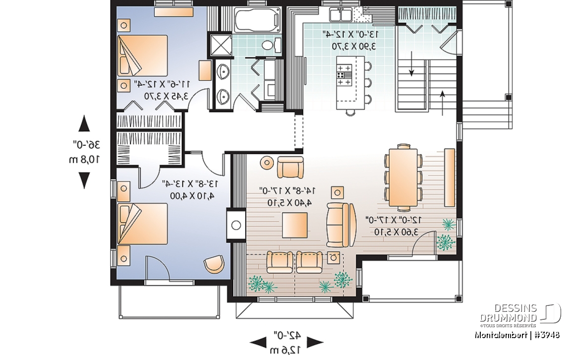 Rez-de-chaussée - Plan de chalet panoramique avec plancher inversé, garage double, 4 chambres, salle de jeux, foyer - Montalembert