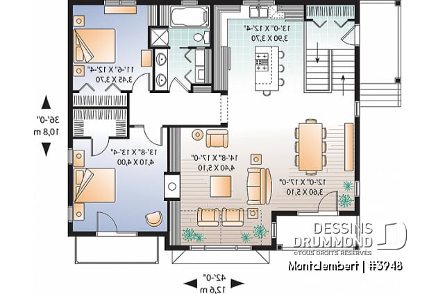 Rez-de-chaussée - Plan de chalet panoramique avec plancher inversé, garage double, 4 chambres, salle de jeux, foyer - Montalembert