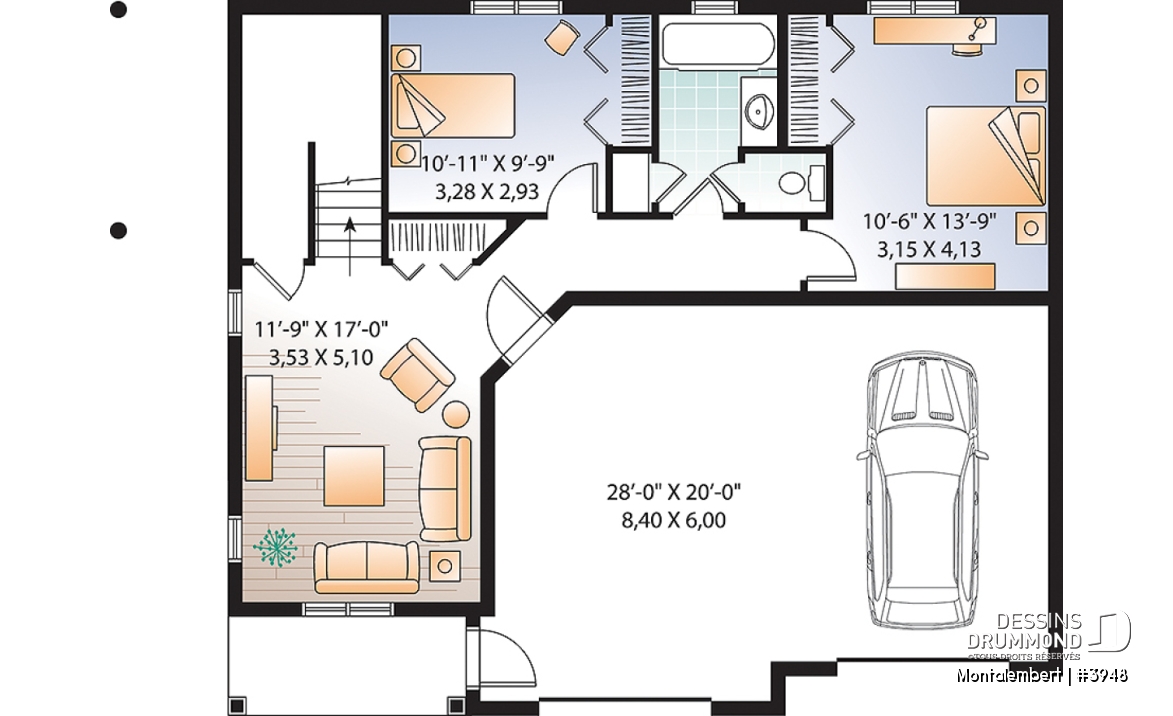 Sous-sol - Plan de chalet panoramique avec plancher inversé, garage double, 4 chambres, salle de jeux, foyer - Montalembert