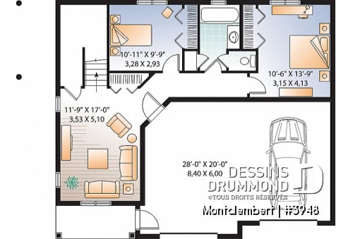 Sous-sol - Plan de chalet panoramique avec plancher inversé, garage double, 4 chambres, salle de jeux, foyer - Montalembert