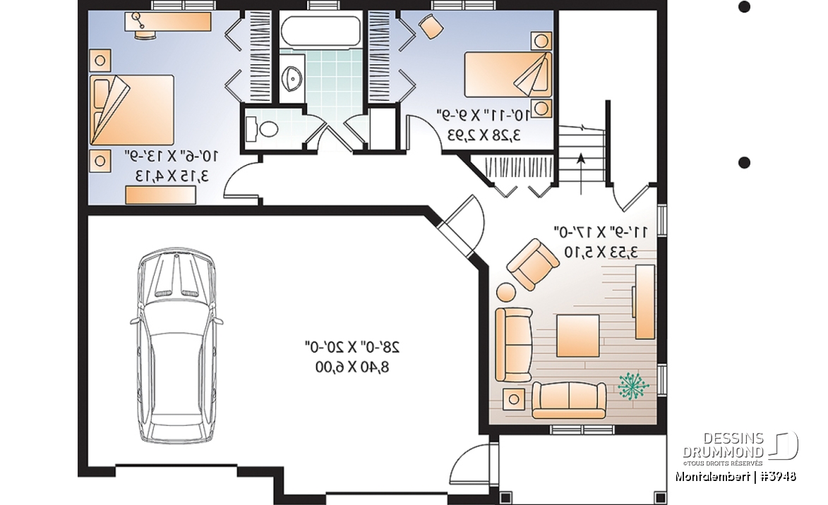 Sous-sol - Plan de chalet panoramique avec plancher inversé, garage double, 4 chambres, salle de jeux, foyer - Montalembert