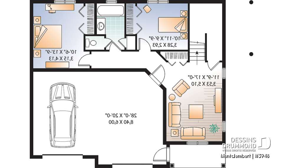 Sous-sol - Plan de chalet panoramique avec plancher inversé, garage double, 4 chambres, salle de jeux, foyer - Montalembert