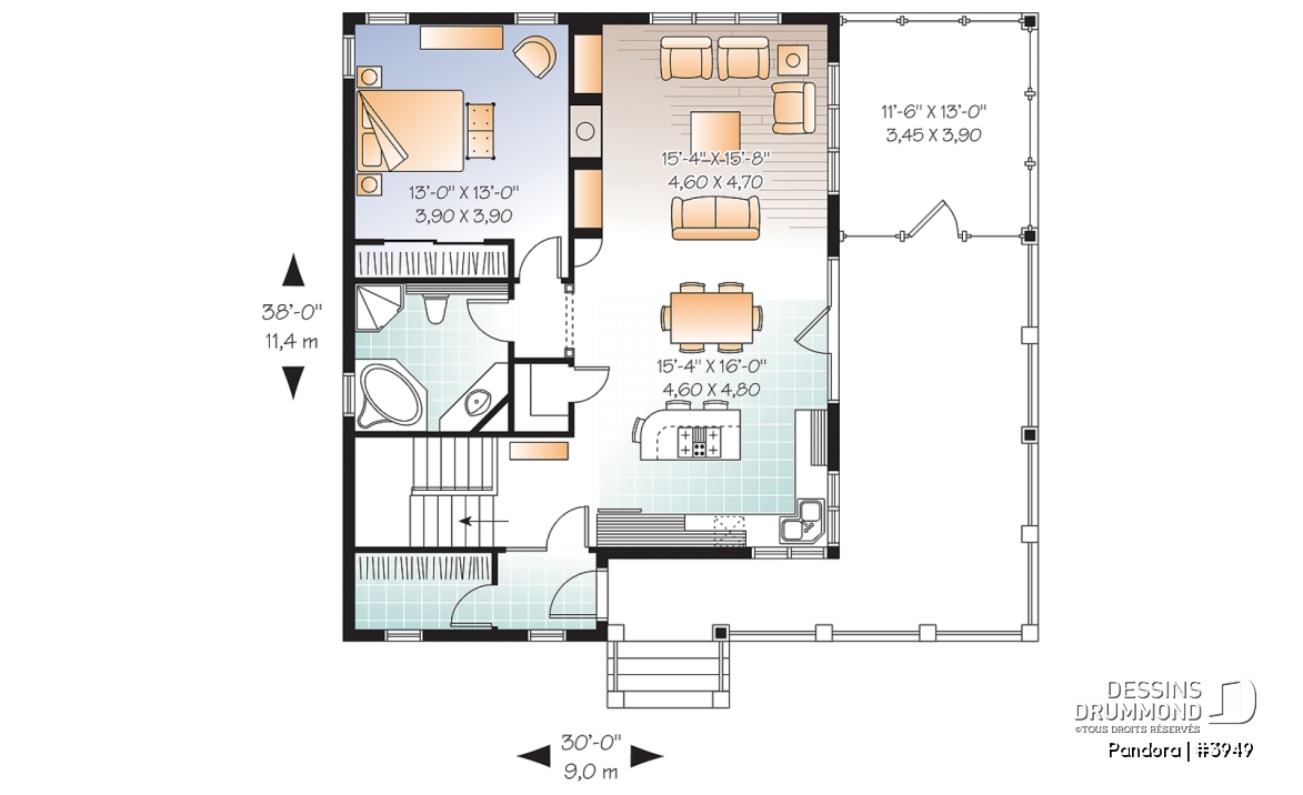 Rez-de-chaussée - Plan de chalet une chambre, plafond 9', grande terrasse et abri moustiquaire, sous-sol à aménager, foyer - Pandora