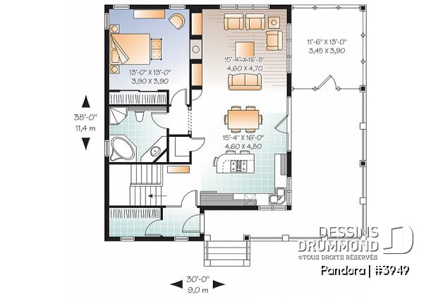 Rez-de-chaussée - Plan de chalet une chambre, plafond 9', grande terrasse et abri moustiquaire, sous-sol à aménager, foyer - Pandora