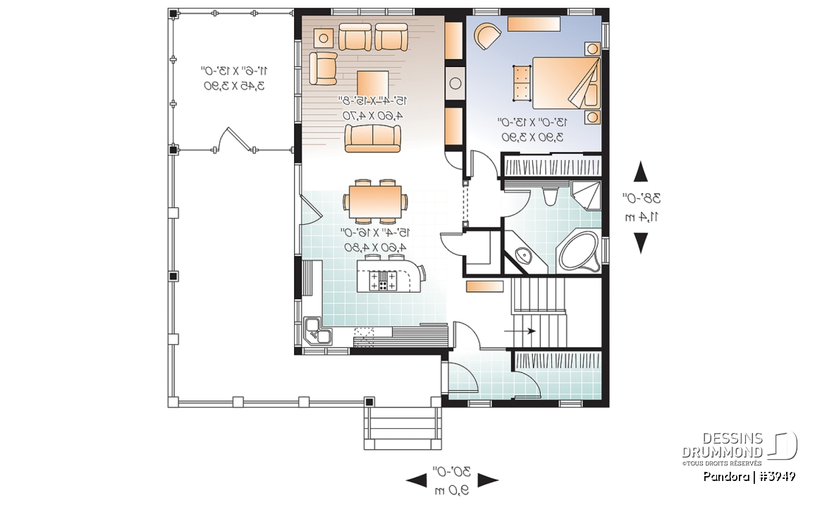 Rez-de-chaussée - Plan de chalet une chambre, plafond 9', grande terrasse et abri moustiquaire, sous-sol à aménager, foyer - Pandora