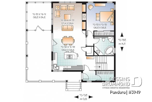 Rez-de-chaussée - Plan de chalet une chambre, plafond 9', grande terrasse et abri moustiquaire, sous-sol à aménager, foyer - Pandora