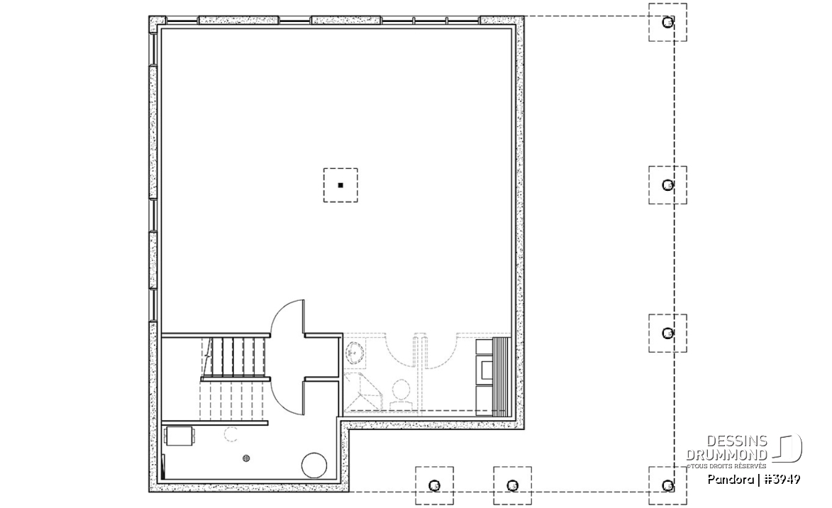 Sous-sol - Plan de chalet une chambre, plafond 9', grande terrasse et abri moustiquaire, sous-sol à aménager, foyer - Pandora