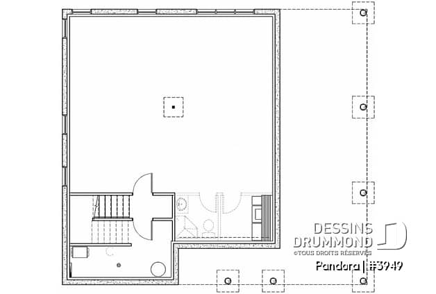 Sous-sol - Plan de chalet une chambre, plafond 9', grande terrasse et abri moustiquaire, sous-sol à aménager, foyer - Pandora