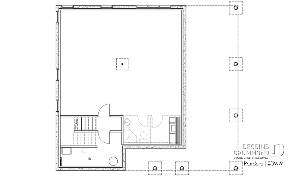 Sous-sol - Plan de chalet une chambre, plafond 9', grande terrasse et abri moustiquaire, sous-sol à aménager, foyer - Pandora