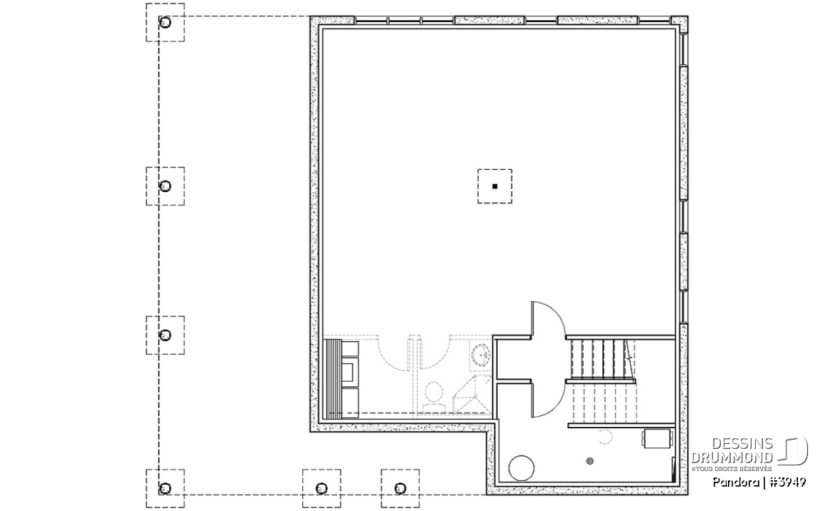 Sous-sol - Plan de chalet une chambre, plafond 9', grande terrasse et abri moustiquaire, sous-sol à aménager, foyer - Pandora