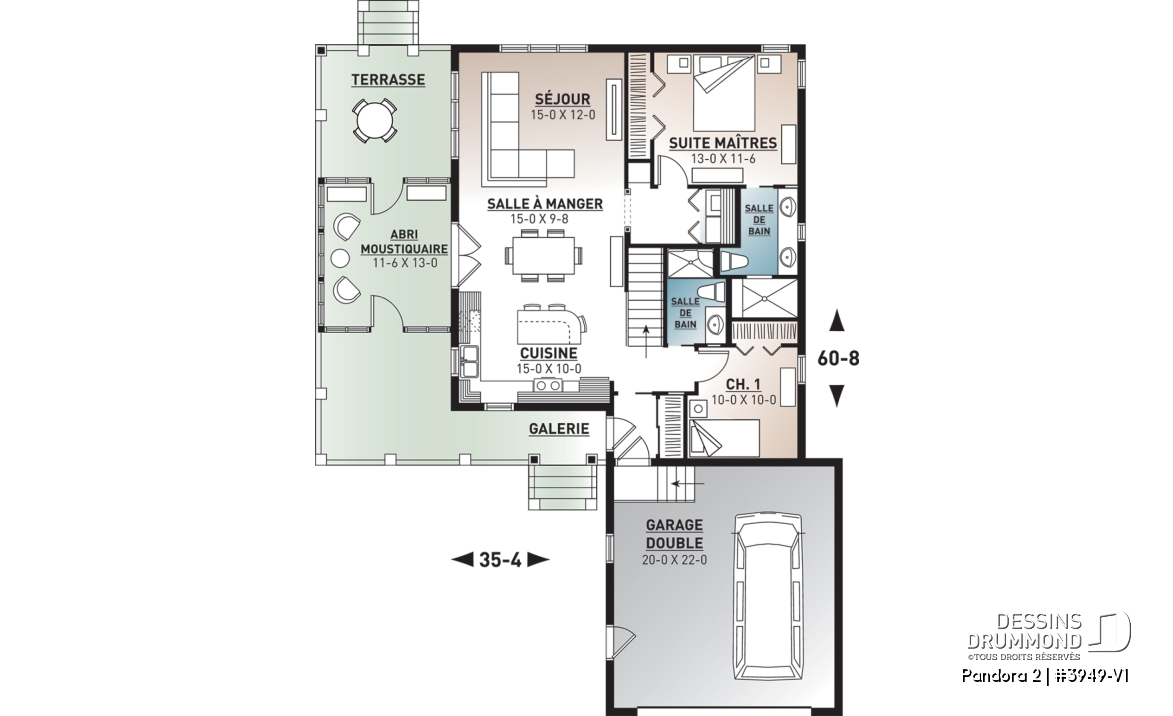 Rez-de-chaussée - Plan de chalet 2 chambres, garage double, terasse et abri moustiquaire, 2 salles de bain, buanderie au r-d-c - Pandora 2