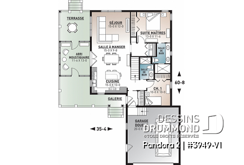 Rez-de-chaussée - Plan de chalet 2 chambres, garage double, terasse et abri moustiquaire, 2 salles de bain, buanderie au r-d-c - Pandora 2