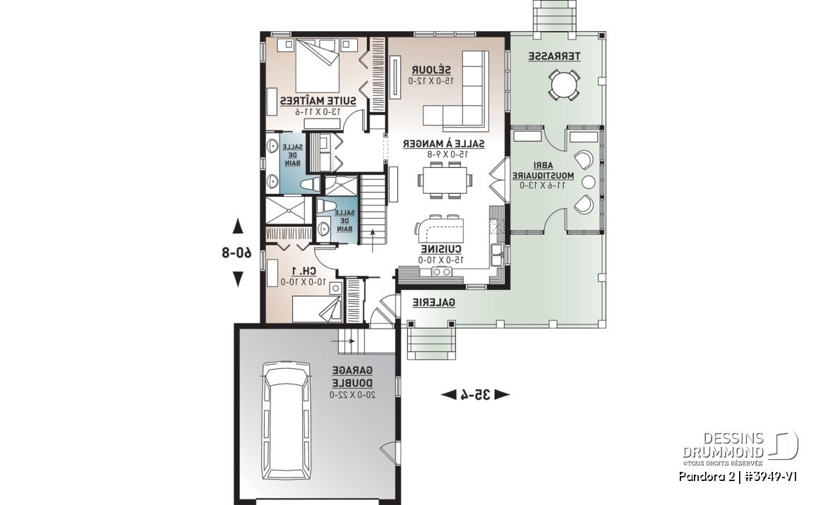 Rez-de-chaussée - Plan de chalet 2 chambres, garage double, terasse et abri moustiquaire, 2 salles de bain, buanderie au r-d-c - Pandora 2