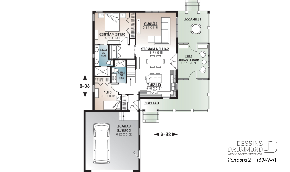 Rez-de-chaussée - Plan de chalet 2 chambres, garage double, terasse et abri moustiquaire, 2 salles de bain, buanderie au r-d-c - Pandora 2
